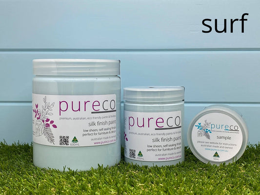 Pureco Silk Finish paint called surf a soft pale blue with a touch of aqua colour with a soft satin sheen.