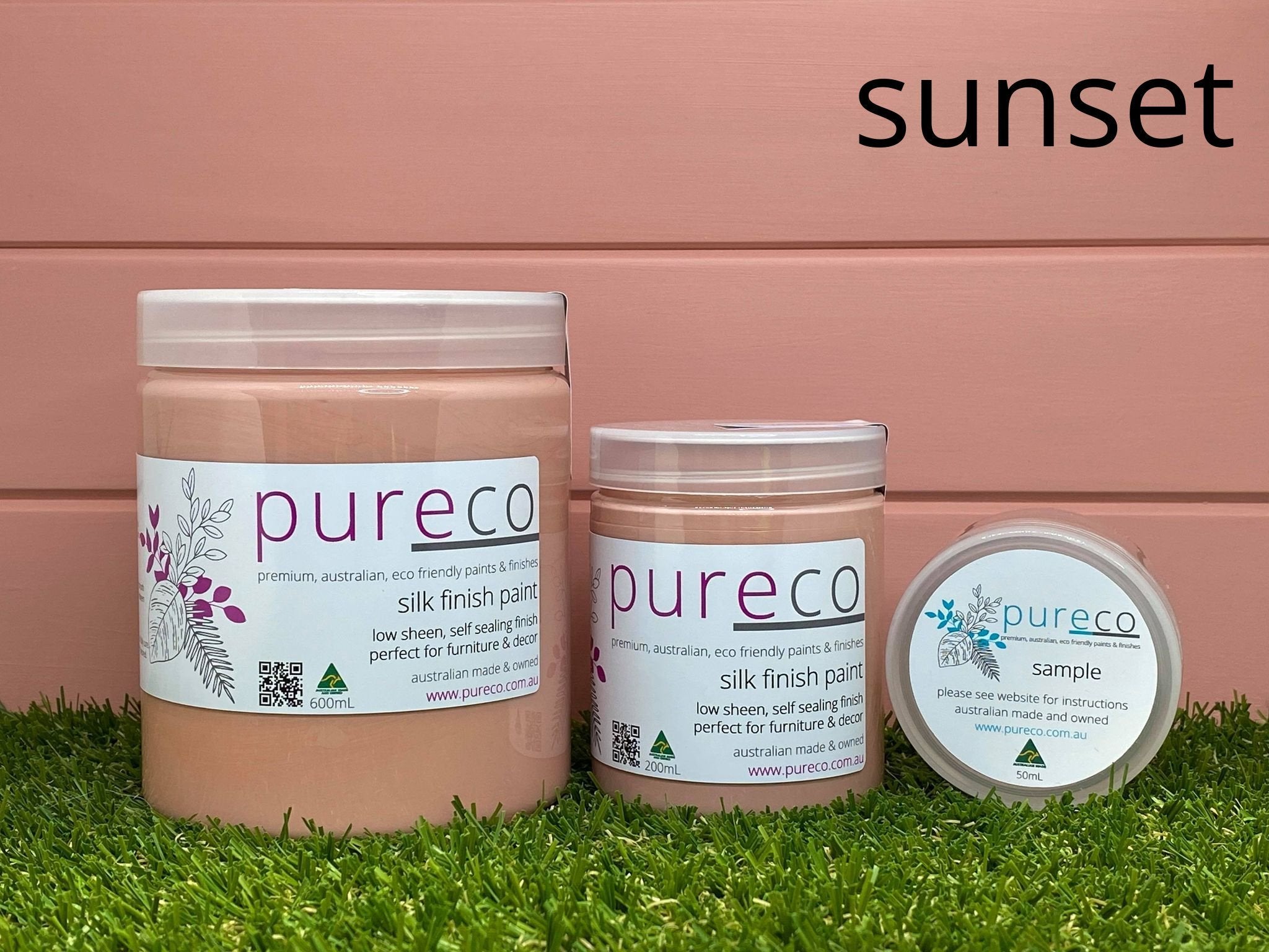 Pureco Silk Finish paint called sunset a dark apricot orange colour with a soft satin sheen.